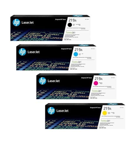 Image of HP Original 219A Black, Cyan, Magenta, Yellow Toner Cartridges Set Multipack in original Box with Hologram, compatible with: Color Laserjet Pro 3202, MFP 3302
