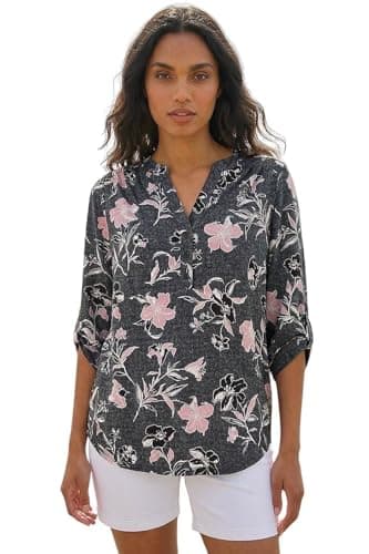 Image of Roman Shirt for Women UK Ladies Top Collarless Blouse Stretchy Tunic Smart Casual Autumn Winter Jersey 3/4 Length Sleeve Notch V Neck Flattering Office Work - Pink Grey Floral - Size 14