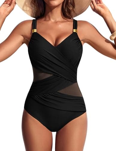Image of Hanna Hanna Nikole One Piece Swimsuits for Women,Sexy Mesh Swimwear with Fashionable Metal Buckle,Adjustable Straps Monokini Hawaiian Black M