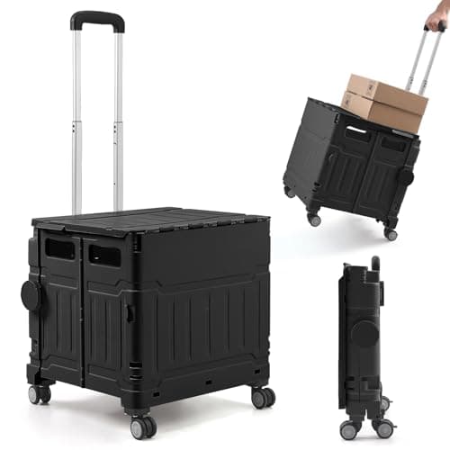 Image of The Fellie Trolley Box Cart with One-piece Lid, 75L & 50KG Load Capacity Folding Shopping Cart Trolley, Boot Cart with 4 Wheels & Telescopic Handle for Shopping Camping Picnic Office Laundry(Black)