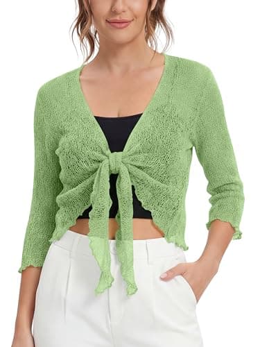 Image of Love My Fashions® Women’s Fish Net Knitted Tie Up Bolero Shrug Top Ladies 3/4 Sleeve One Size Fits All Apple Green