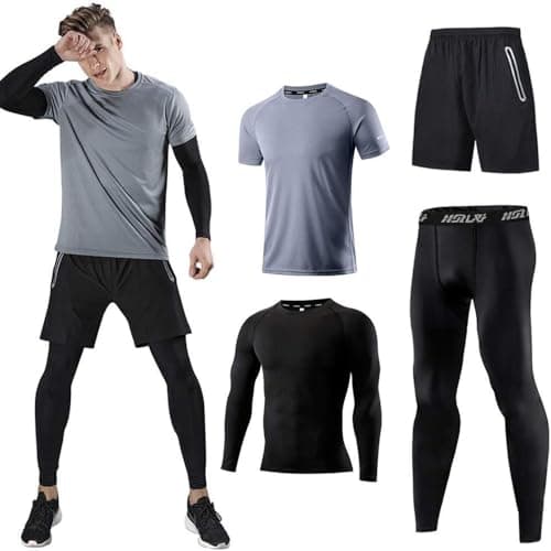 Image of Holure Men's (Pack of 4) Athletic Shirt Compression Pants Shorts Gym Suits Gray-L