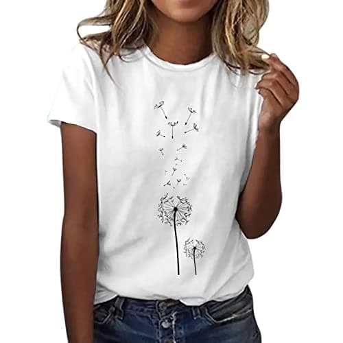 Image of Women's Printed T Shirts Crew Neck Summer Casual Tops Soft Short Sleeve Dandelion Comfy Breathable Elegant Tees Lightweight Short Sleeve Shirt Casual Shirt Sports Shirt Tops, White, S