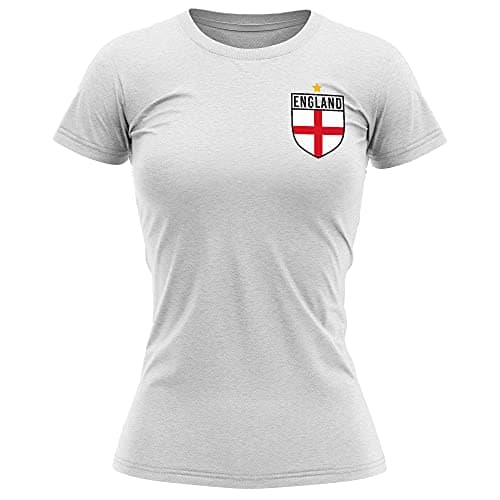 Image of England Shirt Women - Womens England Flag Badge T Shirt - Football Country European Supporters 2020 Retro Tee Her - English Tournament 2021 Footy Soccer Top, L, White