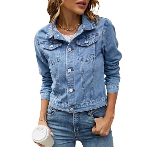 Image of YOUNIFIZ Women’s Cropped Denim Jacket Long Sleeve Button Down Jean Shacket with Chest Pockets Casual Lightweight Outerwear