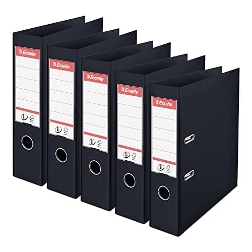 Image of Esselte, A4 Lever Arch File, 75 mm Spine, 500 sheets Capacity, PP, Plastic Cover, No. 1 Mechanism, Files & Folders, Black, 5 Pack, 162570