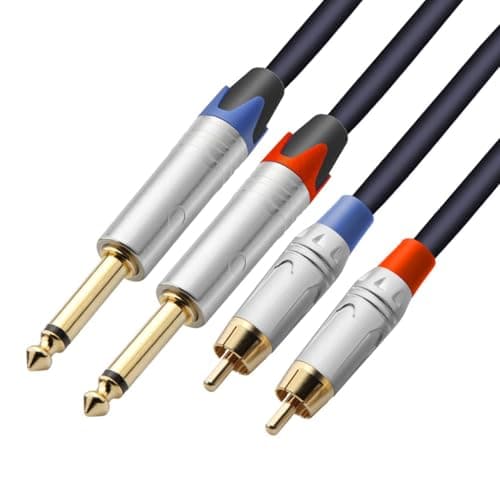Image of Tisino Dual 6.35mm Jack to Phono Cable, Twin 1/4" to RCA Stereo Audio Interconnect Lead Patch Cords - 2m