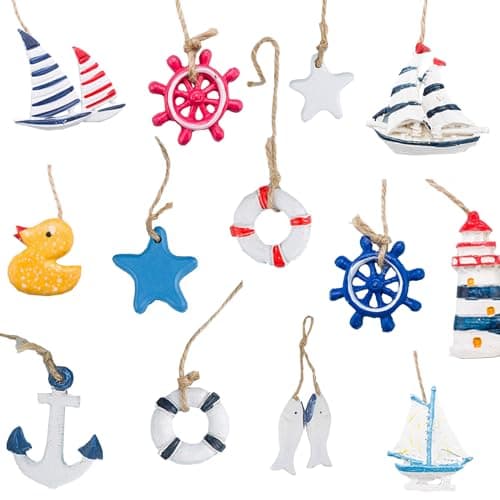 Image of Ieron 13 Pieces Nautical Hanging Ornaments, mini Maritime Pendant Decoration Anchor Life Ring Sea Star Sailboat for Coastal Christmas Summer Tree Wall Fishing Net Decor Beach Craft Home Decor