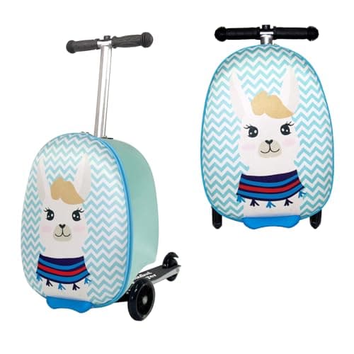 Image of M-V-O Kids Suitcase with Scooter, 2 in 1 Ride on Scooter Suitcase Cabin Approved, Durable and Non Slip, Recommended for Over 5 Years, Lightweight Foldable Luggage, 18-Inch Carry on Luggage (Llama)