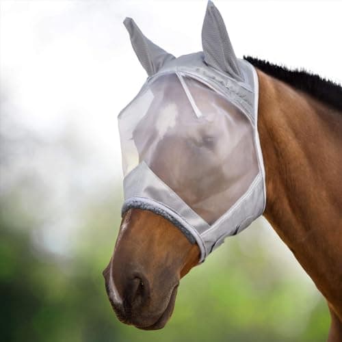 Image of Harrison Howard CareMaster Horse Fly Mask Half Face with Ears Moonlight Silver Large Full Size