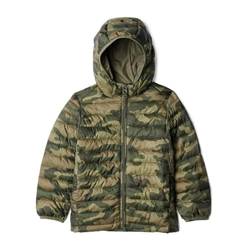 Image of Amazon Essentials Boys' Lightweight Water-Resistant Packable Hooded Puffer Jacket, Camo Print, 11-12 Years