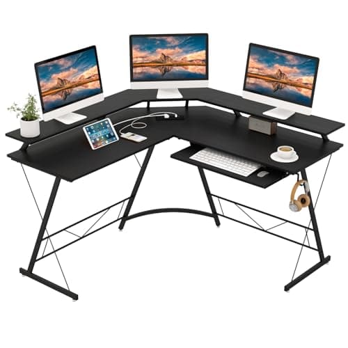 Image of COSTWAY L-Shaped Computer Desk, 132CM Large Corner Desk Writing Study Table with Monitor Stand, Power Outlet, Keyboard Tray & Headphone Hook, PC Laptop Gaming Workstation (Black)