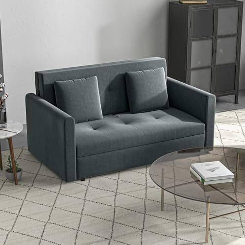 Image of HOMCOM 2 Seater Sofa Bed with Hidden Storage, Pull Out Convertible Bed Settee, Modern Snow Flannel Loveseat Sofa Sleeper with 2 Cushions for Living Room, Guest Room, Dark Grey