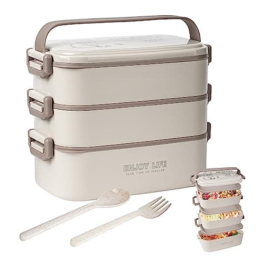 Image of Yirochan 2700ml 3 Layer Bento Box with Fork & Spoon, 4-in-1 Lunch Box for Adults, Meal Prep Container Food Storage Box for Men Women Student School Office, Microwave Dishwasher Safe Available (Khaki)