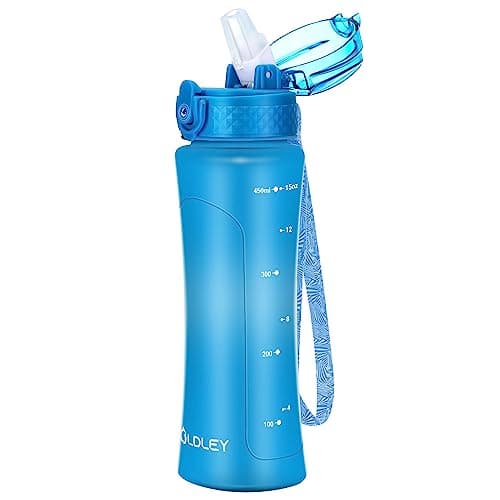 Image of OLDLEY 450ml/15oz Water Bottle with Straw Reusable Drink Bottles with Times Markings for School Home Camping Outdoor Sports BPA Free Leakproof Durable