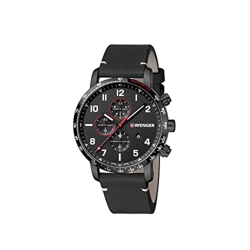 Image of Wenger Men's Attitude Chronograph - Swiss Made Analogue Quartz Stainless Steel Black Leather Watch 01.1543.106