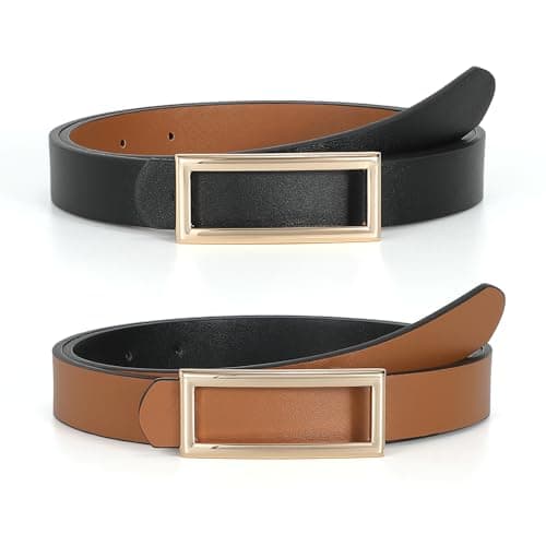 Image of SUOSDEY Fashion Leather Belt for Women, Reversible Skinny Belt for Jeans Pants Dress with Square Gold Buckle black/brown