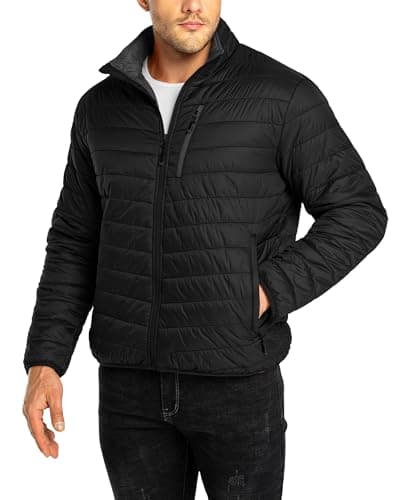Image of 33,000ft Mens Winter Lightweight Jacket Warm Short Packable Puffer Jacket Transitional Padded Jacket Quilted Jacket for Men Lined for Hiking Travelling Pure Black S