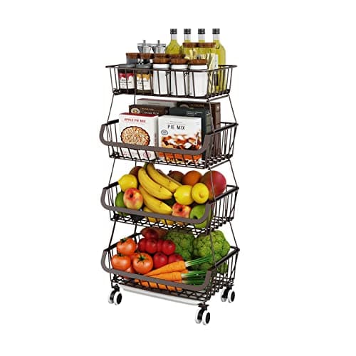 Image of Miyawell Fruit Vegetable Storage Basket for Kitchen - 4 tier Stackable Metal Wire Baskets Cart with Rolling Wheels Utility Fruits Rack Produce Snack Organizer Bins for Pantry Bathroom Laundry Bronze