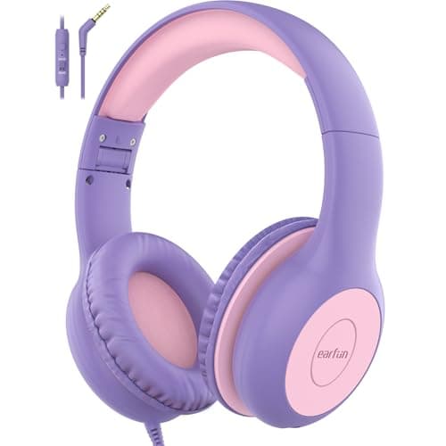 Image of EarFun Kids Headphones with Mic, Wired Headphones Kids 85/94dB Volume Limit, Sharing Function, Stereo Sound Adjustable Headband Children Headphone for School/Travel/Phone/Tablet, Purple Pink
