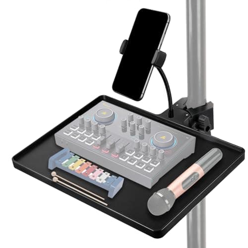 Image of Microphone Stand Tray with Phone Holder, 27 * 20.5CM Large Tray Holder with Crab Clamp Compatible with Most Mic Stands for Stage, Live Streaming, Concert Performance, Karaoke