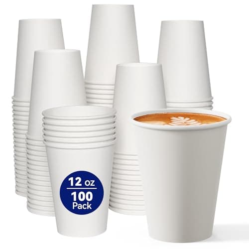 Image of JOLLY CHEF 100 Pack 12oz Paper Cups, Disposable Coffee Cups, White | Suitable for Party | Picnic, Travel, Events | Hot Coffee Cups | Drinking Cups for Water