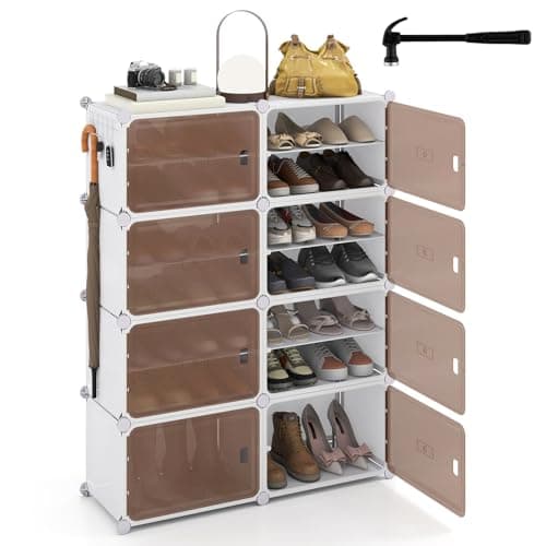 Image of COSTWAY 4/6/8/10-Cube Shoe Storage Cabinet, Modular Plastic Interlocking Shoe Rack for 16/24/32/40 Pairs with Removable Shelves, Hooks & Doors, DIY Storage Organiser Unit for Hallway Closet (8 Cubes)