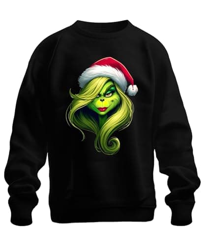 Image of Printera Grinch Christmas Gift Green Woman Santa Hat Hair Funny Unisex Sweatshirt Jumper, Black, S