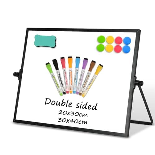 Image of DOLLAR BOSS Magnetic Desktop Whiteboard 30x40cm Black Frame Double Sided Dry Erase Small White Board with Stand, A3 Mini Whiteboard 8 Pens, 1 Eraser, 6 Magnets, for School, Home, Office