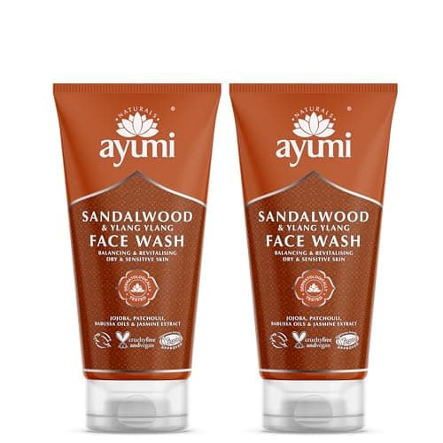 Image of Ayumi Sandalwood Dry Skin Face Wash | Hydrating Wash for Dry & Sensitive Skin | Aromatic Natural Facewash with Ylang Ylang Essential Oil & Jojoba | Face Wash Women & Men | 2x150ml