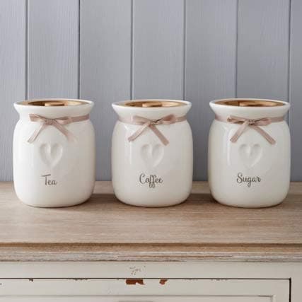 Image of Large Canisters/Jars Set Tea Coffee Sugar Ceramic Canisters Engraved Heart Kitchen Storage Jars Set Set of 3 with Wooden lid and Ribbon Kitchen Organisation Ideal for Gift to Love One's
