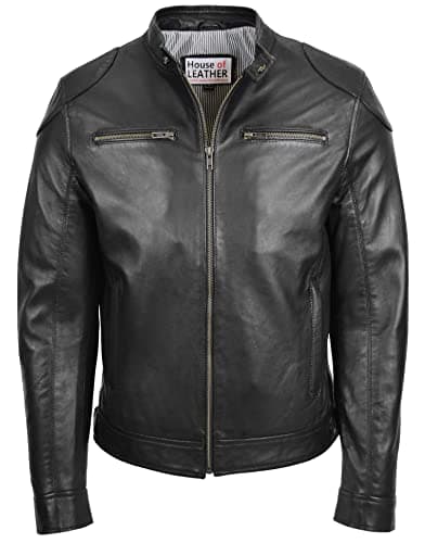 Image of Mens Real Soft Leather Biker Jacket Cafe Racer Style Milton (3XL, Black)