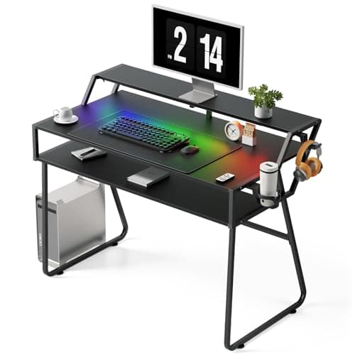 Image of Warmiehomy 110 x 60cm Computer Desk with with LED Lights, Office Desk with Full Monitor Stand & Large Storage Shelf, RGB Gaming Desk with Headphone Hook and Cup Holder, Black