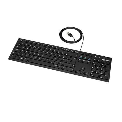 Image of Amazon Basics Full size Wired Keyboard Compatible with Laptop PC Tablet, USB Plug-and-Play, QWERTY UK Layout, Matt Black