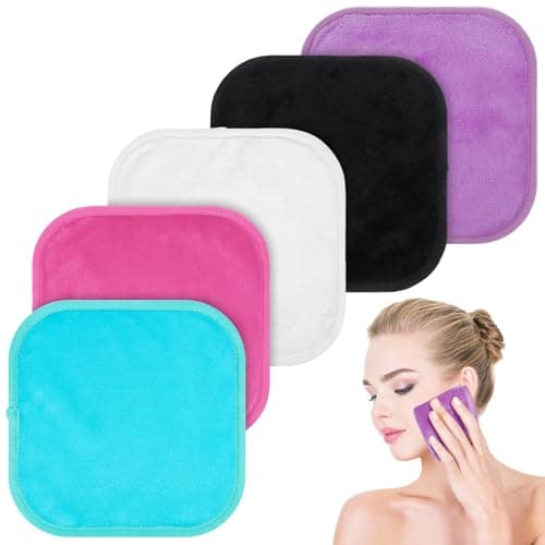Image of 5 Pack Make Up Remover Cloth, 7.87 * 7.87in Flannel Face Cloth Face Wipes for Make Up Removing (Black+Violet+Cherry Red+Green+White)