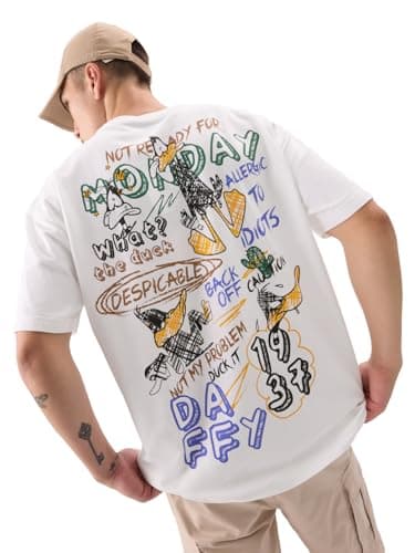 Image of The Souled Store Daffy Duck: Allergic to Idiots Men and Boys Short Sleeve Round Neck White Graphic Print Graphic Cotton Oversized T-Shirts, white, 3XL