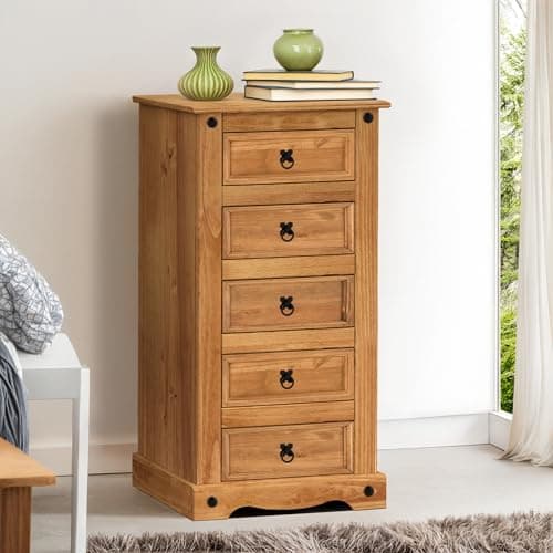 Image of Mercers Furniture Corona Solid Wood Pine 5 Drawer Narrow Chest Of Drawers Wooden Slim Tall Cabinet Side End Lamp Table Mexican Style 106cm High 53cm Wide 39cm Deep