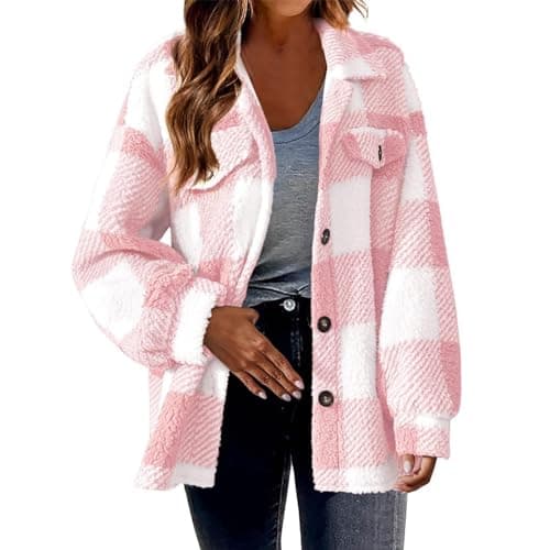Image of Ladies Checked Fleece Jacket Shacket For Women UK Plus Size Plaid Shirt Jacket Oversized Baggy Shacket Top Boyfriend Button Down Retro Jacket Winter Warm Cardigan Winter Coats UK 8-20 Pink 3XL