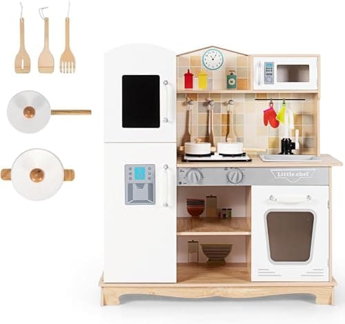 Image of Kids Kitchen Playset, Wooden Pretend Little Chef Cooking Toy Set with Sink, Faucet, Stove, Oven, Dish Rack, Storage Shelf, Cookware Accessories, Play Kitchen for Toddlers, Gift for Boys Girls