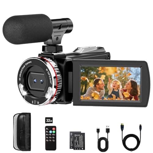 Image of Euiivnt 4K Camcorder Video Camera, Vlogging Camera for YouTube with External Mic, Digital Zoom & 3.0” Flip Screen, 2 Batteries, 32GB Card & Remote Control (64MP CAM)
