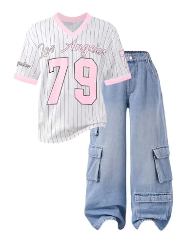 Image of GORGLITTER Girl's Number Graphic Jersey Shirts Striped V Neck Short Sleeve Loose Summer T Shirts Aged 8-12 Years White 10Y