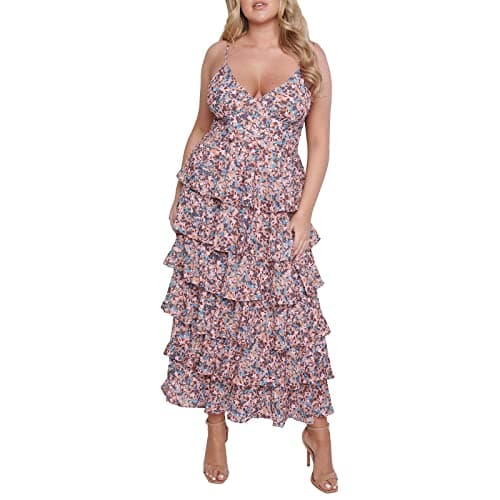Image of Women V-Neck Floral Print Long Dress Ruffle Tiered Layered Flowy Swing Long Midi Dress Sleeveless Boho Cami Beach Party Dress (Purple, S)