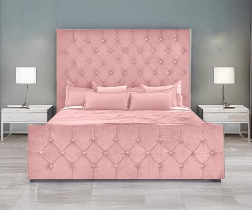 Image of ELEGANT ALTON UPHOLSTERED DIAMANTE BED FRAME IN PLUSH FABRIC | BEAUTIFUL LOOK BED FRAME WITH MATCHING HEADBOARD FOOTBOARD | SINGLE/DOUBLE/KING/SUPER KING SIZE (PINK, 5FT KING SIZE)