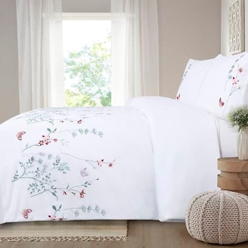 Image of Chlophy Double Bedding Set Duvet Cover Sets White Pink Floral Embroidered Flower Girls Luxury Cottagecore Spring Butterfly Green Leaves Fresh Summer Blossom 3Pcs