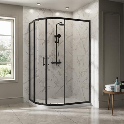 Image of NRG 1200 x 900mm Matte Black Framed Offset Quadrant Shower Enclosure Sliding Door for Wet Room Cubicle Enclosures