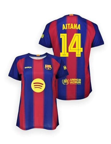Image of FCB Aitana FC Barcelona 2025-26 Women's T-Shirt - Replica (Aitana 14) Available Sizes XS S M L XL, blue / red, XL