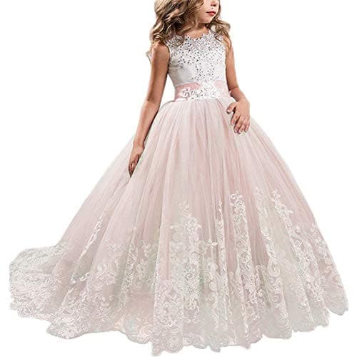 Image of NNJXD Girls Lace Tulle Embroidered Princess Prom Ball Gown Formal Party Long Tail Dresses Size (170) 14-15 Years 406 Pink-A