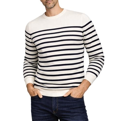 Image of Xact Men’s Breton Stripe 100% Cotton Premium 12-Gauge Knit Crew Neck Jumper – Lightweight Soft Pullover Sweater for Smart Casual (Ecru/Navy) XXL