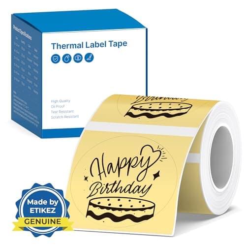 Image of ETIKEZ Label for PM260 Printer, 2'' (50x50mm) Thermal Tape, Waterproof, Multi-Purpose Label, 1 Roll of 150 Self-Adhesive Thermal Paper (Yellow)