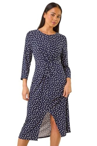 Image of Roman Fit and Flare Dress for Women Ladies Chest Twist Knot Ruched Tea Skater Empire Waist Wedding Guest Smart Casual Swing Midi 3/4 Long Sleeve Knee Length - Petite Spot Navy - Size 14
